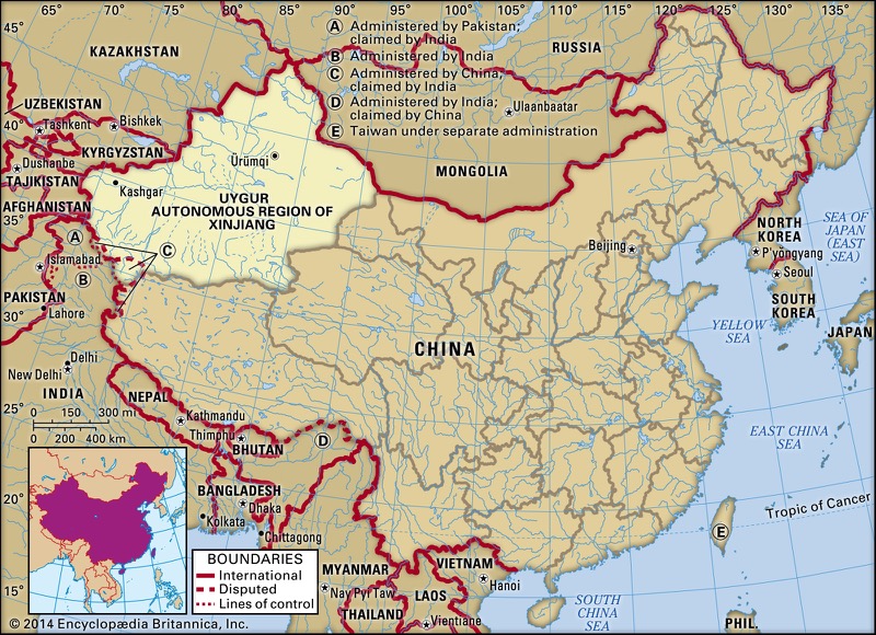 Mappa della Cina con evidenziata la regione autonoma dello Xinjiang.