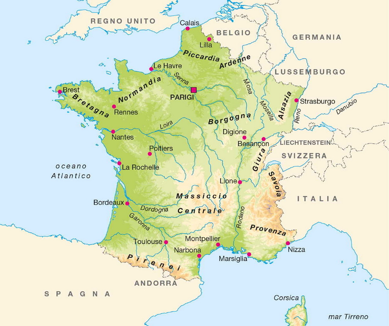 Una mappa della Francia con – in alto, a sinistra – la penisola della Bretagna.