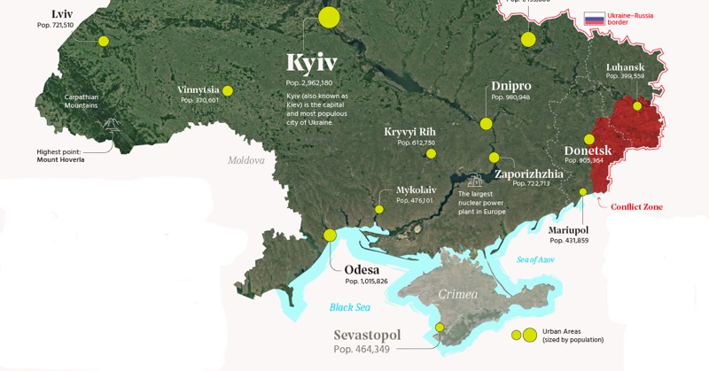 Mappa dell’Ucraina con evidenziate le regioni contese: il Donbass e la Crimea.
