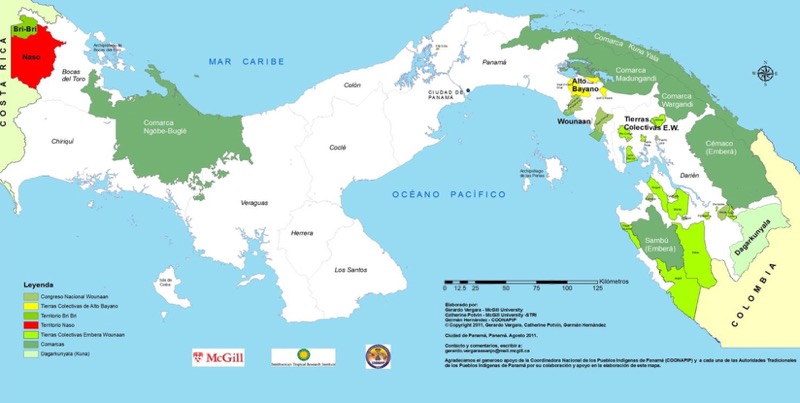 La mappa evidenzia i territori indigeni (camarcas) di Panamá.