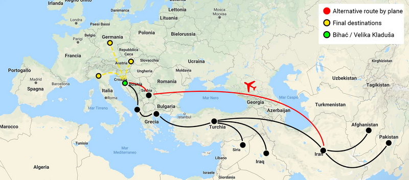 La mappa mostra i tragitti dei migranti per raggiungere la Bosnia.